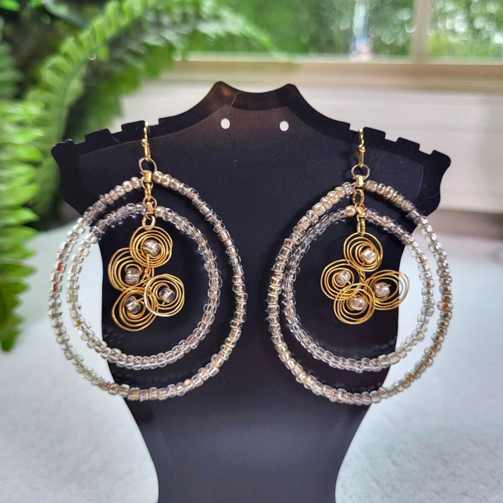 Seed Bead Double Hoops with Wire Accent Dangle Statement Earrings / Pierced - Picture 2 of 9